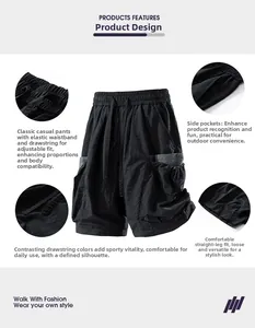 Detail view of black cargo shorts with elastic waistband and adjustable drawstrings