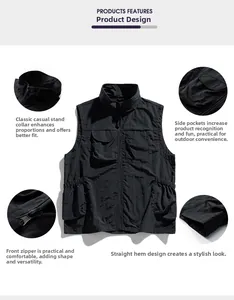 Detail view of black outdoor functional vest showing stand collar, zippers and pockets