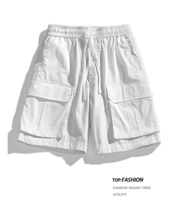 Detail of white water-repellent cargo shorts with elastic drawstring waist and side pockets