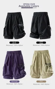 Detail of cargo shorts in multiple colors showing 100% nylon fabric and functional pockets