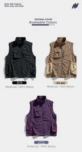 Detailed view of multi-pocket tactical vests in black, khaki, and purple nylon fabric