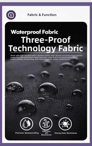 Gros plan du tissu technique noir imperméable avec gouttes pour gilet de plein air