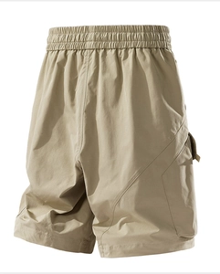 Rear view of khaki cargo shorts showing elastic waistband and large functional pockets