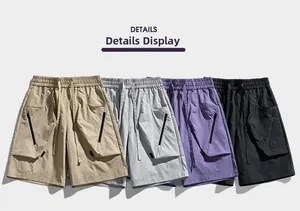 Multi-color cargo shorts detail showing khaki, grey, purple and black with zipper pockets