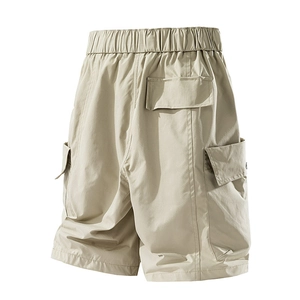 Back view of khaki water-resistant cargo shorts with elastic waist and flap pockets