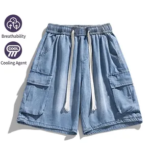 Men's light blue baggy cargo denim shorts with drawstring waist and large pockets