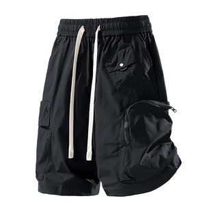 Men's black water-repellent cargo shorts with elastic waist and multi-pocket design