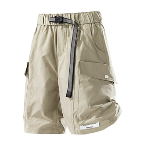 Mens khaki water-resistant cargo shorts with integrated belt and side flap pockets