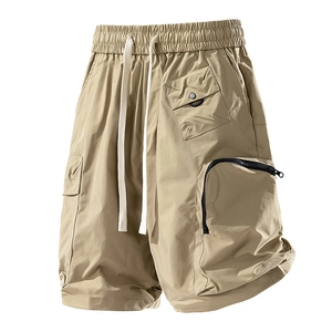 Water-repellent dopamine-style techwear cargo shorts for men in sand khaki color