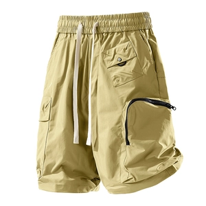 Water-repellent khaki cargo shorts for men with drawstring waist and zip pocket detail