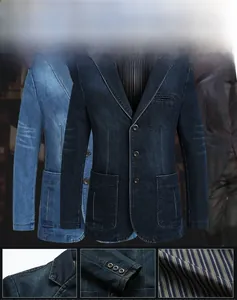 Detail view of denim blazer lapels, striped lining, and button cuffs for men