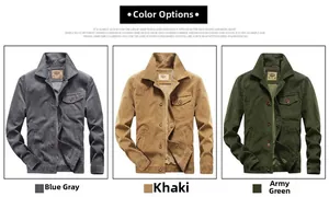 Three men's corduroy utility jackets in blue-grey, khaki, and army green colors