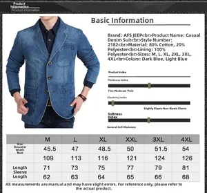 Detailed size chart for men denim blazer jacket with measurements from M to 4XL