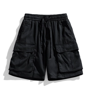 Men's black water-resistant cargo shorts with drawstring waist and large pockets