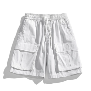 Men's white water-repellent cargo shorts with elastic drawstring waist and side flap pockets