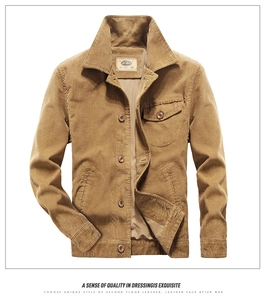 Detail of tan corduroy jacket showing button-down front, lapel collar and brand label