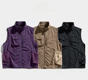 Detailed view of outdoor vests in purple, khaki, and black colors with utility pockets
