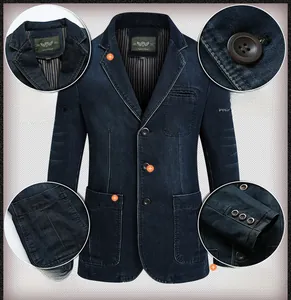 Macro view of blue denim blazer showing stripe lining and stitching details