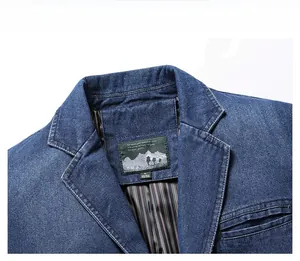 Detail of blue denim jacket showing blazer lapel, washed texture and striped lining