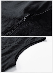 Détails de la fermeture éclair et de la texture en nylon léger sur ce gilet noir de plein air