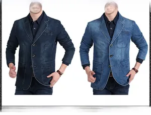 Detail view of Amekaji casual denim blazers in dark and light blue washed vintage finishes