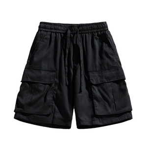 Waterproof black cargo shorts for men with elastic drawstring waist and large side pockets