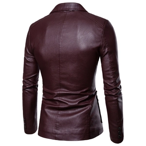 Rear view detail of slim fit burgundy PU leather jacket featuring buttoned cuffs