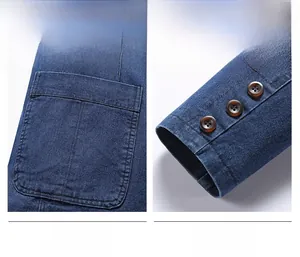 Detail of dark blue denim jacket showing resin buttons and textured twill fabric finish