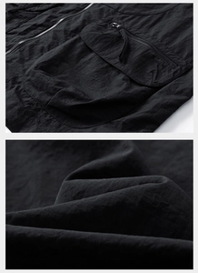Détail du tissu en nylon ripstop imperméable et grande poche zippée tactique sur le gilet