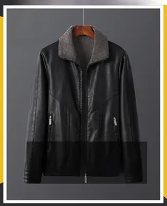 Detail of men's black faux leather jacket featuring warm grey sherpa lining and metal zipper