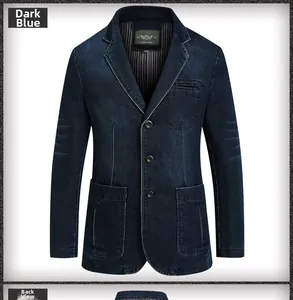 Detail view of washed navy blue denim blazer featuring triple-button closure and pockets