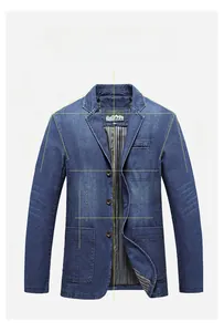 Detailed Italian slim fit denim blazer showing structured shoulders and pocket design