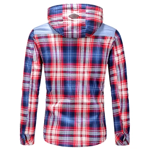 Rear view of hooded flannel plaid shirt with shoulder patches and leather brand tag