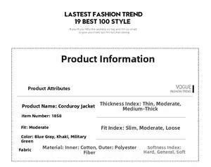Detailed size chart and material specs for the men's corduroy jacket in three colors