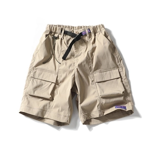 Khaki functional cargo shorts with adjustable buckle belt and large flap pockets
