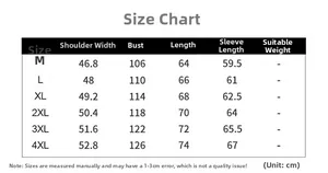 Detailed size chart for men's corduroy jacket featuring measurements from M to 4XL