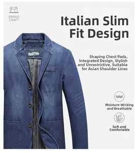 Detail of blue denim blazer showing breathable fabric and tailored notch lapel finish