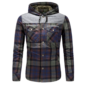 Detail of men's hooded plaid shirt with thick fleece lining and gray shoulder panels