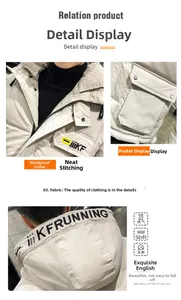 Detail of hooded winter jacket showing windproof collar, pocket flap and soft fabric