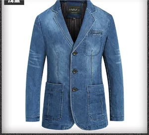 Detail of light blue denim blazer jacket with three buttons and classic notched lapel