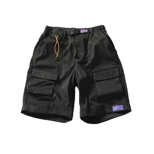 Men's black cargo shorts with adjustable buckle belt and orange drawstring details