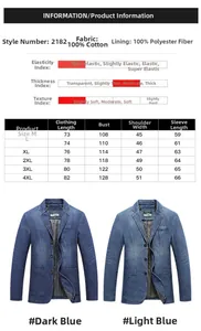 Men's denim casual blazer size chart and specifications for sizes M to 4XL in 100% cotton