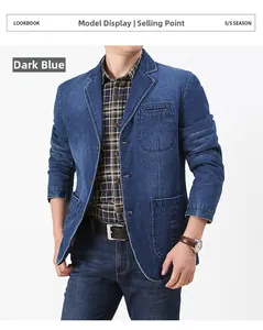 Detail of dark blue denim blazer with notched lapels and workwear-style patch pockets