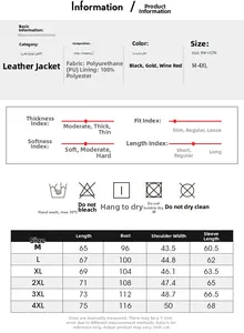 Detailed size chart for men's PU leather jacket including dimensions and washing instructions