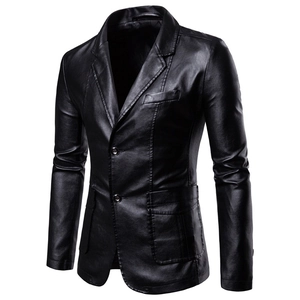 Detail view of black PU leather slim fit blazer with notched lapels and flap pockets