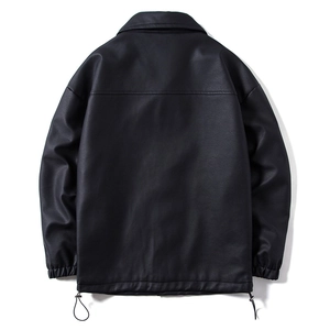 Back view of black leather jacket with dropped shoulders and elastic drawstring hem