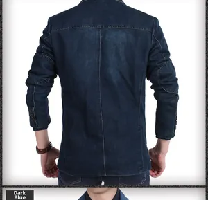 Rear view of slim-fit denim blazer jacket showing circular elbow patches and stitching