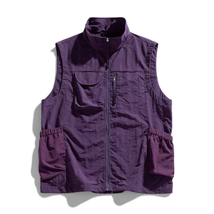 Outdoor functional dark purple vest with standing collar and multiple utility pockets