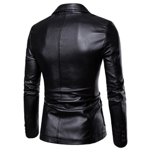Rear view of a black slim-fit PU leather jacket with seam lines and cuff button details