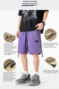 Detail of adjustable drawstring waist and side zipper pockets on purple summer shorts